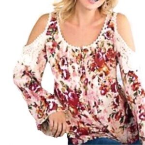 Soft Surroundings Floral Crochet Lace Cold Shoulder Top Petite Small
